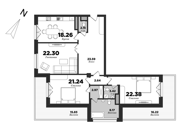 Krestovskiy De Luxe, Building 8, 3 bedrooms, 139.93 m² | planning of elite apartments in St. Petersburg | М16